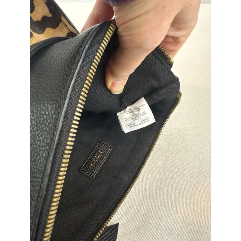 J Crew Black Leather Calf Hair Leopard Print Clutch Brass Accents Zipper - Picture 8 of 11